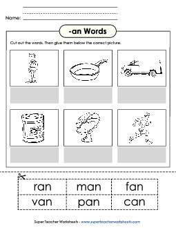 Cut and Glue (-an) Word Families Worksheet