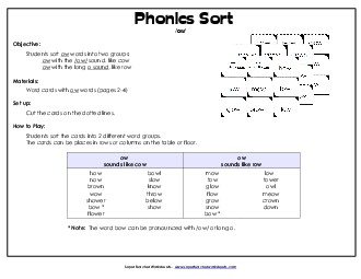 Word Card Sort: -ow Words Phonics Words With Worksheet