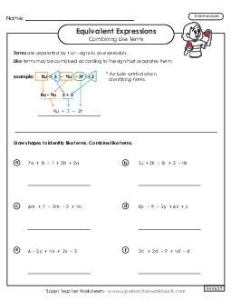 Combining Like Terms (Intermediate #2) Expressions Equivalent Worksheet