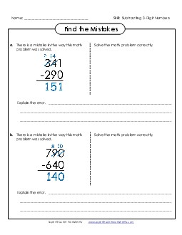 Find the Mistakes Subtraction Worksheet