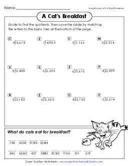 Math Riddle: Cat\'s Breakfast Division Worksheet