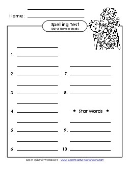 Spelling Test (A-Number Words)  Spelling A Worksheet