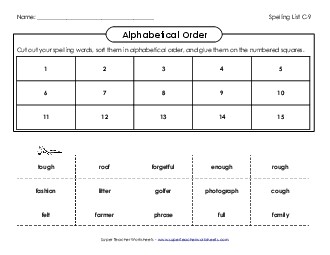 ABC Order: Cut & Glue (C-9) Spelling C Worksheet