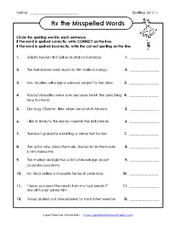 Fix the Misspelled Words (E-11)  Spelling E Worksheet