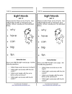 Take-Home List (Unit 12)  Sight Words Worksheet