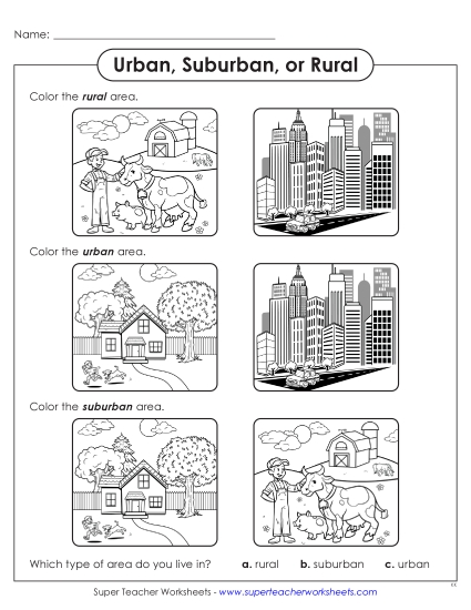New Color: Urban Suburban, or Rural Worksheet