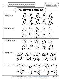 Counting and Coloring (Up to 10) Picture Book Mitten Worksheet