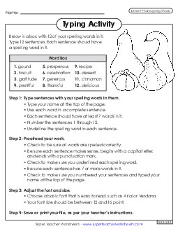 Typing Sentences (Thanksgiving) Spelling F Worksheet