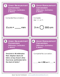 Task Cards: Converting Linear Measurements (mm, cm, m) Worksheet