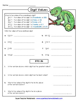 Digit Values (Tenths and Hundredths) Decimals Worksheet