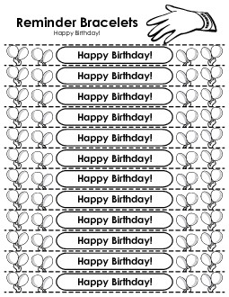 Award Wristbands - Happy Birthday! Reminder Wristbands Worksheet