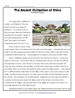 The Ancient Civilization of China 5th Grade Reading Comprehension Worksheet