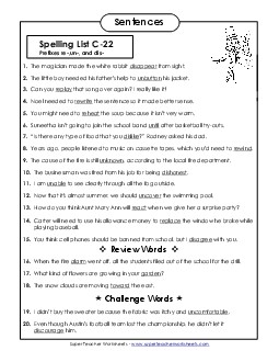 Spelling Test Sentences (C-22) Spelling C Worksheet