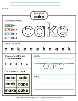 Worksheet 4: Cake Sight Words Individual Worksheet