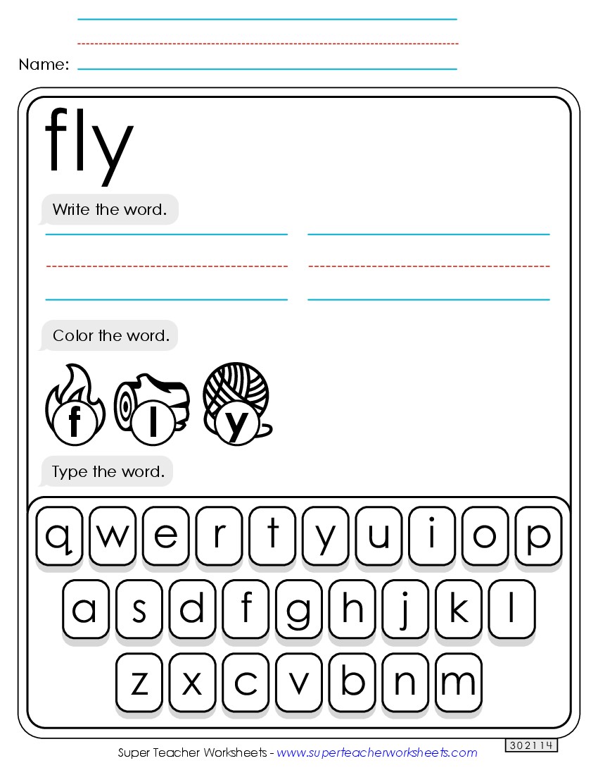 Write, Color, Type: Fly Sight Words Individual Worksheet