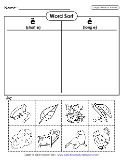 Word Sort (Cut-and-Glue) Phonics Long Short E Worksheet