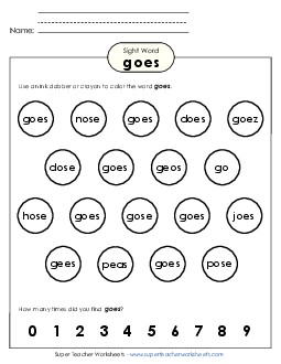 Dab or Color: Goes Sight Words Individual Worksheet