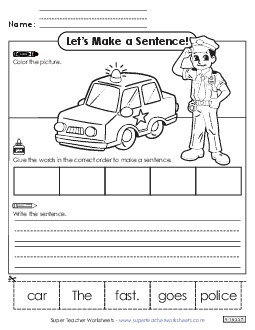 Build a Sentence: Police Officer Community Helpers Worksheet