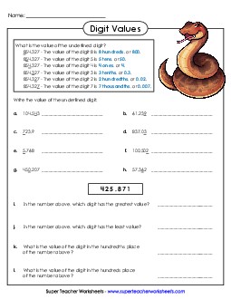 Digit Values (Thousandths) 5th Grade Math Worksheet