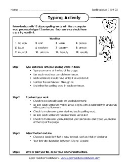 Typing Sentences (E-23) Spelling E Worksheet