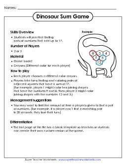 Dinosaur Sum Game Addition Sum Game Worksheet