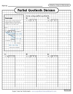 Partial Quotients (Graph Paper)  3-Digit by 2-Digit Division (with Remainders) Worksheet