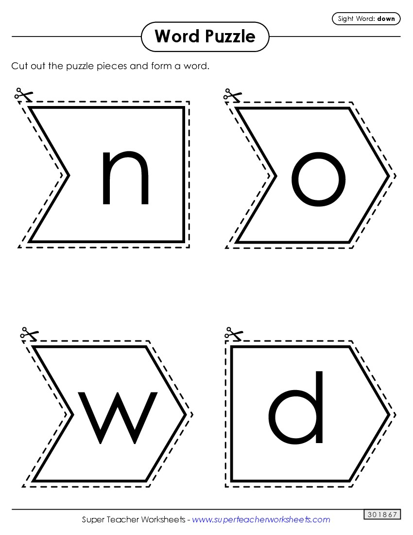 Word Puzzle: Down Sight Words Individual Worksheet