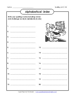 ABC Order: Write List (C-28) Spelling C Worksheet