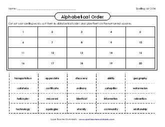 ABC Order: Cut & Glue (D-24) Spelling D Worksheet