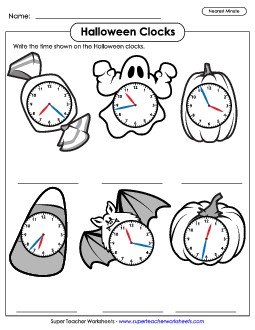 Halloween Clocks - Nearest Minute Worksheet