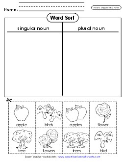 New Nouns Cut & Sort (Singular and Plural - 1) Worksheet