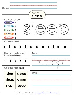 Worksheet 4: Sleep Sight Words Individual Worksheet