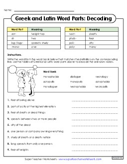 Decoding Words with Greek and Latin Word Parts Greek Latin Word Parts Worksheet