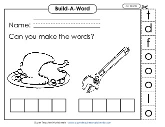 Build Words: Food and Tool Phonics Oo Worksheet