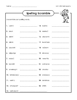 Word Scramble (E-28) Spelling E Worksheet