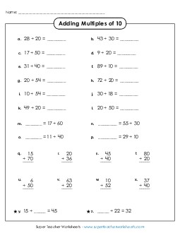 Adding Multiples of 10 (Horizontal & Vertical) Addition Worksheet