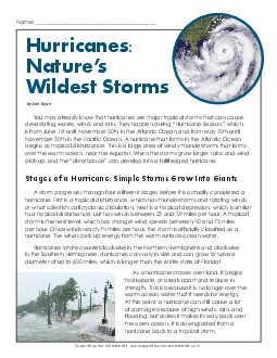 Hurricanes (Article & Questions) Free 5th Grade Reading Comprehension Science Worksheet