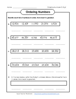 Ordering: Least to Greatest (5-Digit) Place Value Worksheet