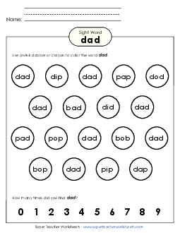 Dab or Color: Dad Sight Words Individual Worksheet