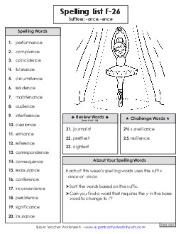 Spelling Word List (F-26) Spelling F Worksheet