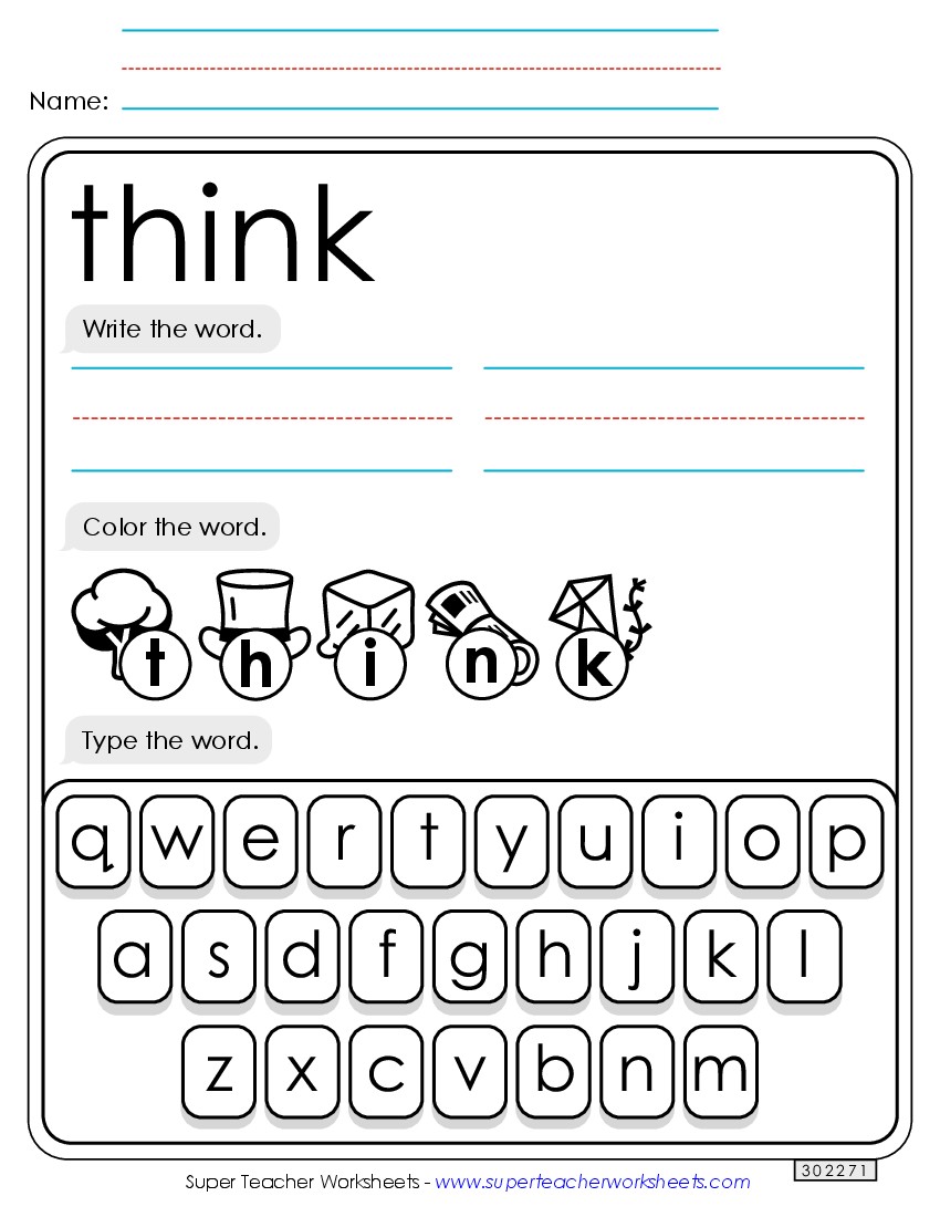 Write, Color, Type: Think Sight Words Individual Worksheet