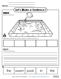 Build-a-Sentence: Swim in the Pool Sentences Basic Worksheet