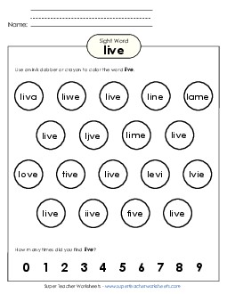 Dab or Color: Live Sight Words Individual Worksheet