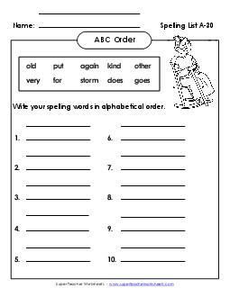 ABC Order: Full List (A-30) Spelling A Worksheet