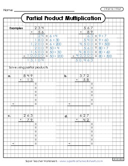 Partial Products Graph Paper (3-Digit by 2-Digit) Multiplication Worksheet