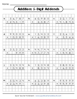 Graph Paper Addition (5-Digit Addends) Worksheet