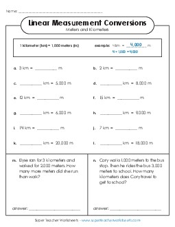 Basic Conversions (Meters and Kilometers) Measurement Worksheet