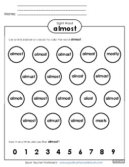 Dab or Color: Almost Free Sight Words Individual Worksheet