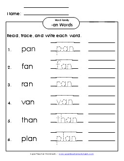 Read, Write, Trace (-an) Free Word Families Worksheet