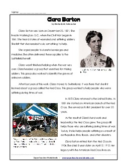 Clara Barton Reading Comprehension Worksheet